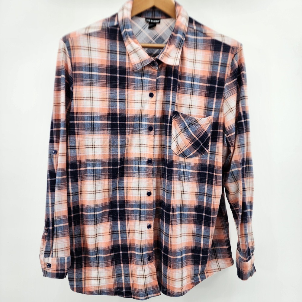 Joe Boxer Plaid Long Sleeve Button Up Women Plus 2X Pink Blue Layers Fall Winter